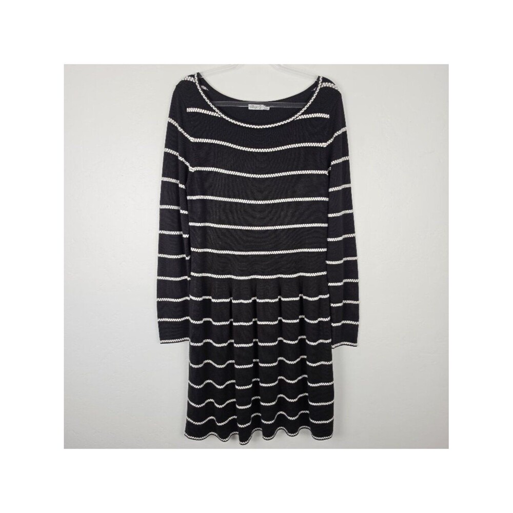 Eliza J Knit Dress A-Line Long Sleeve Striped Sweater Dress Black White Size L